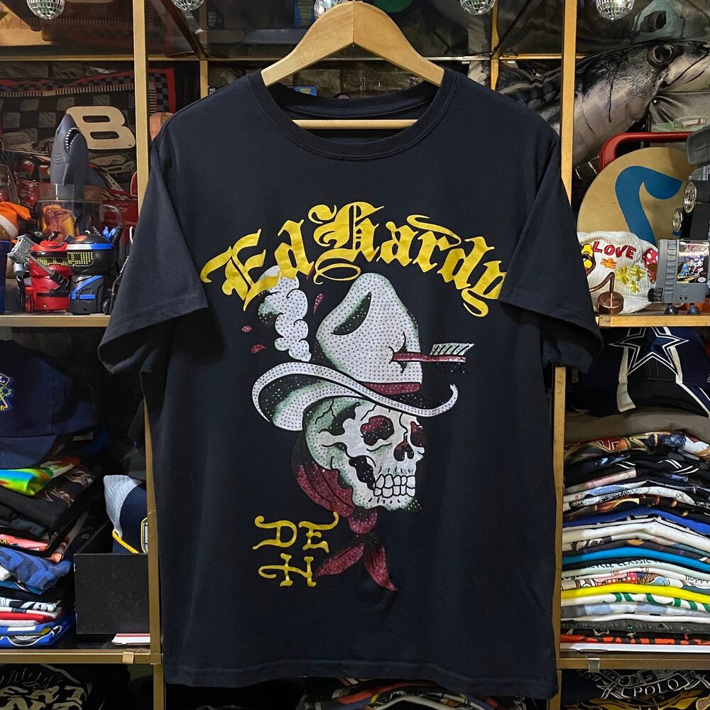 Don Ed Hardy Designs Rhinestone Skull Cowboy Hat T Shirt Black Mens Medium Y2K